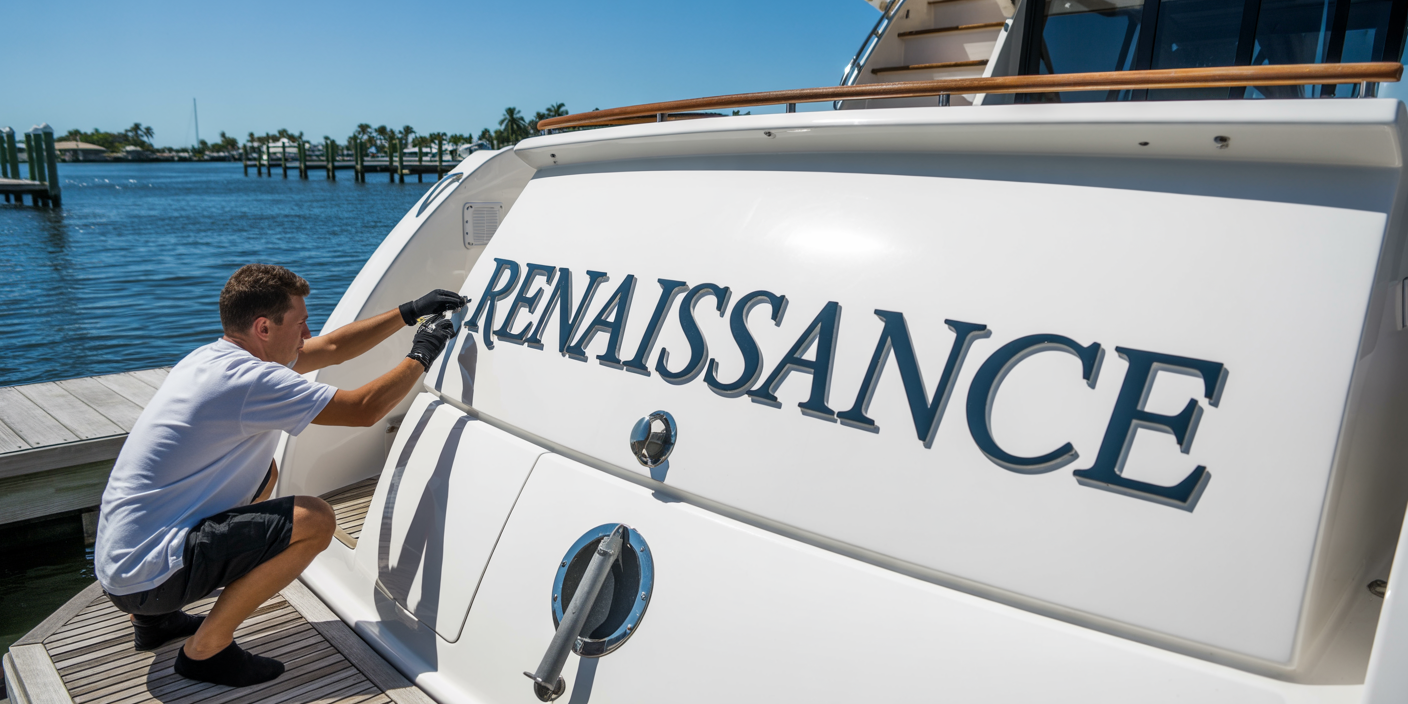 Professional boat lettering installation showcasing custom signage work